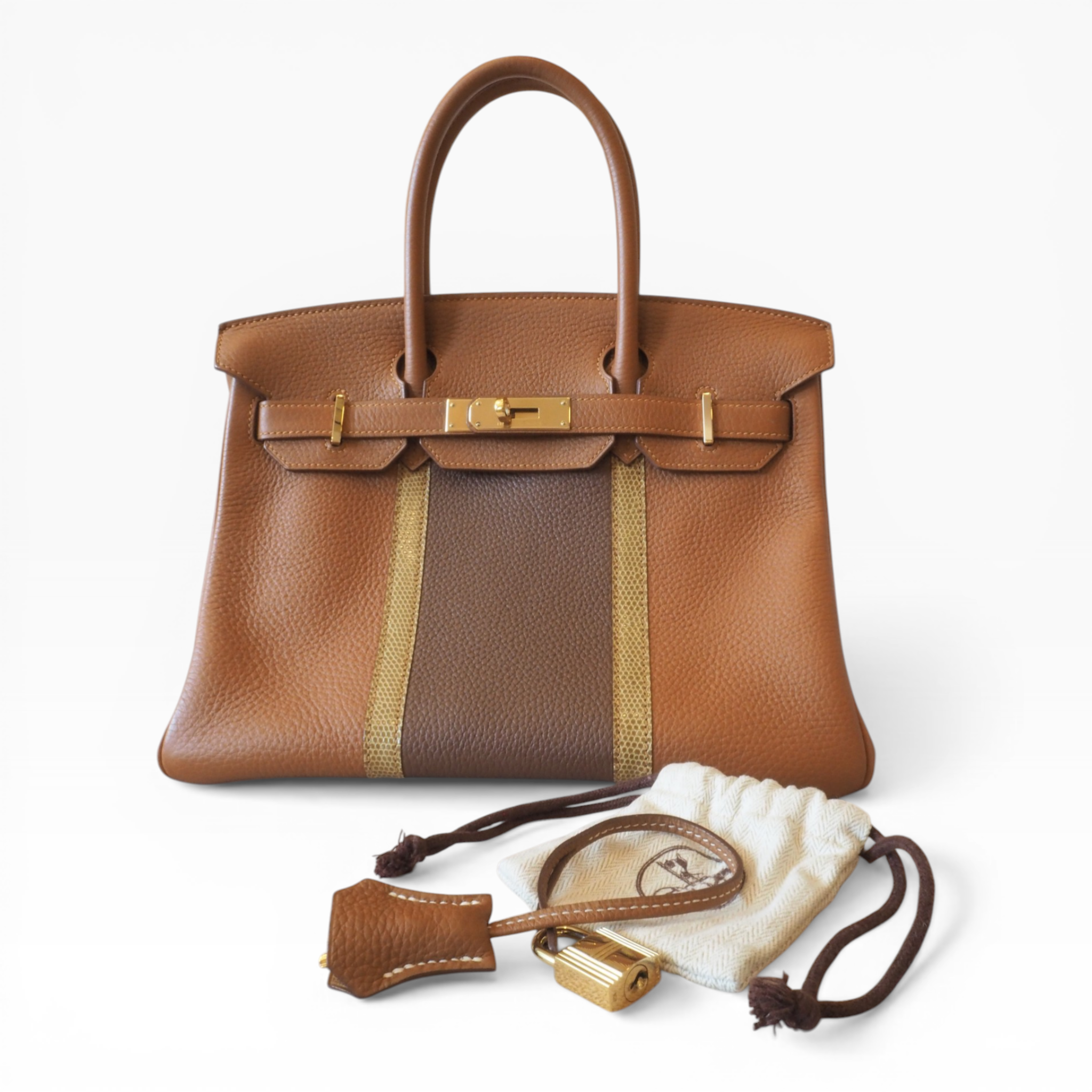 **Limited Edition**  Hermés Birkin 30 - Gold & Marron d'Inde Clemence and Ficelle Lizard Club | Permabrass Hardware St.P
