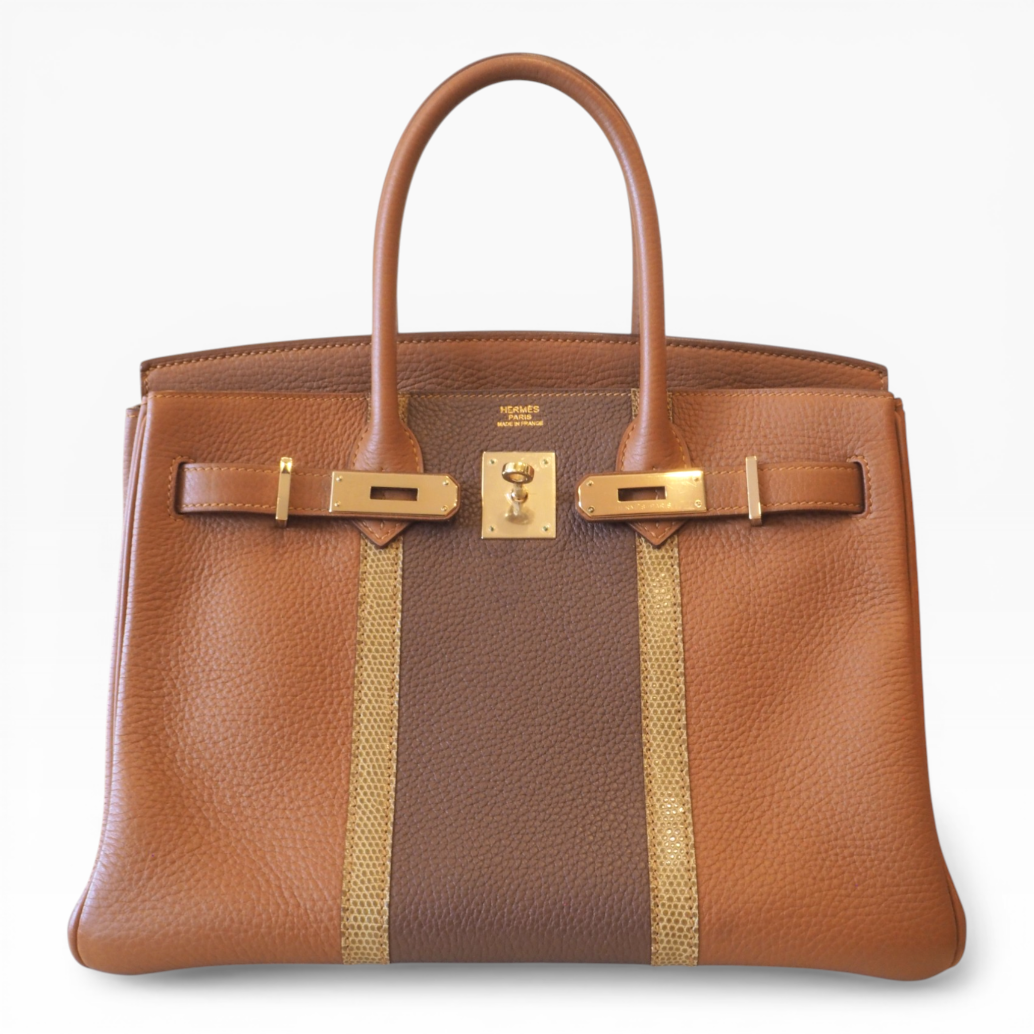 **Limited Edition**  Hermés Birkin 30 - Gold & Marron d'Inde Clemence and Ficelle Lizard Club | Permabrass Hardware St.P