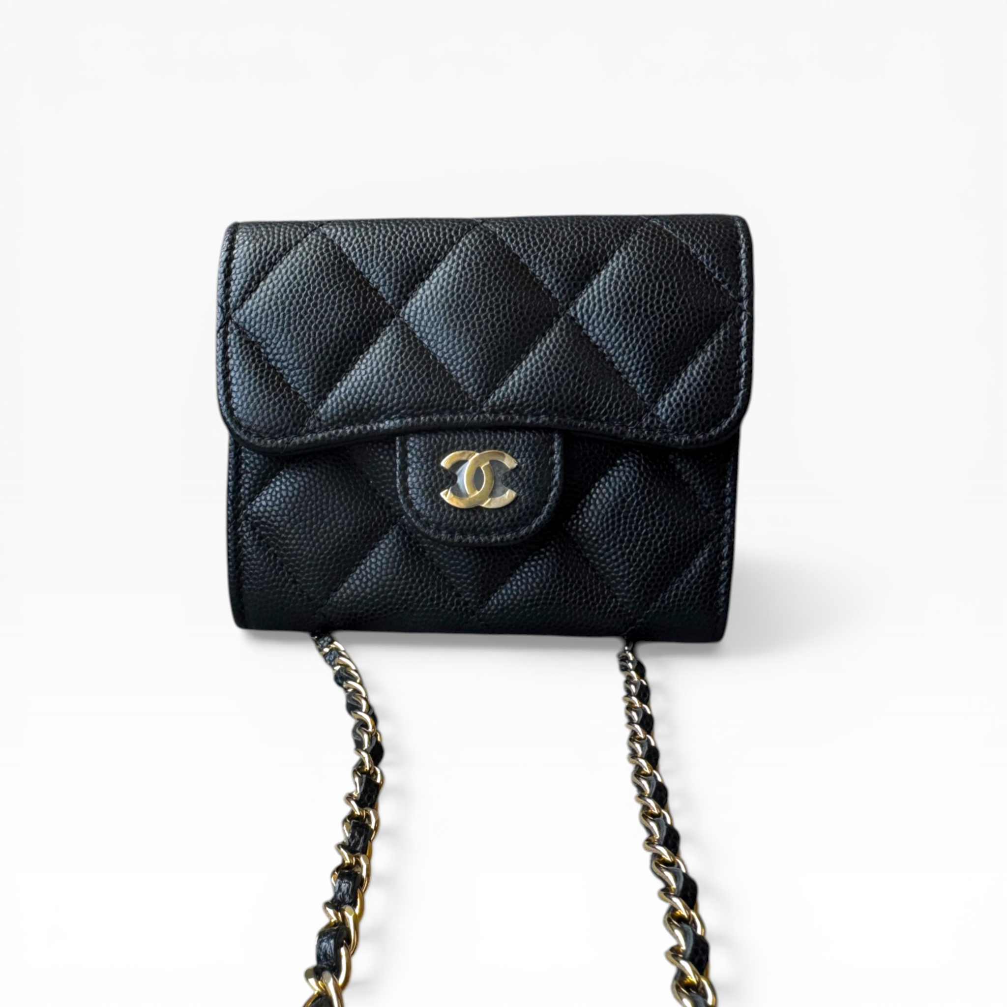CHANEL - Card Holder with Chain | Black Caviar Leather Flap (GHW)