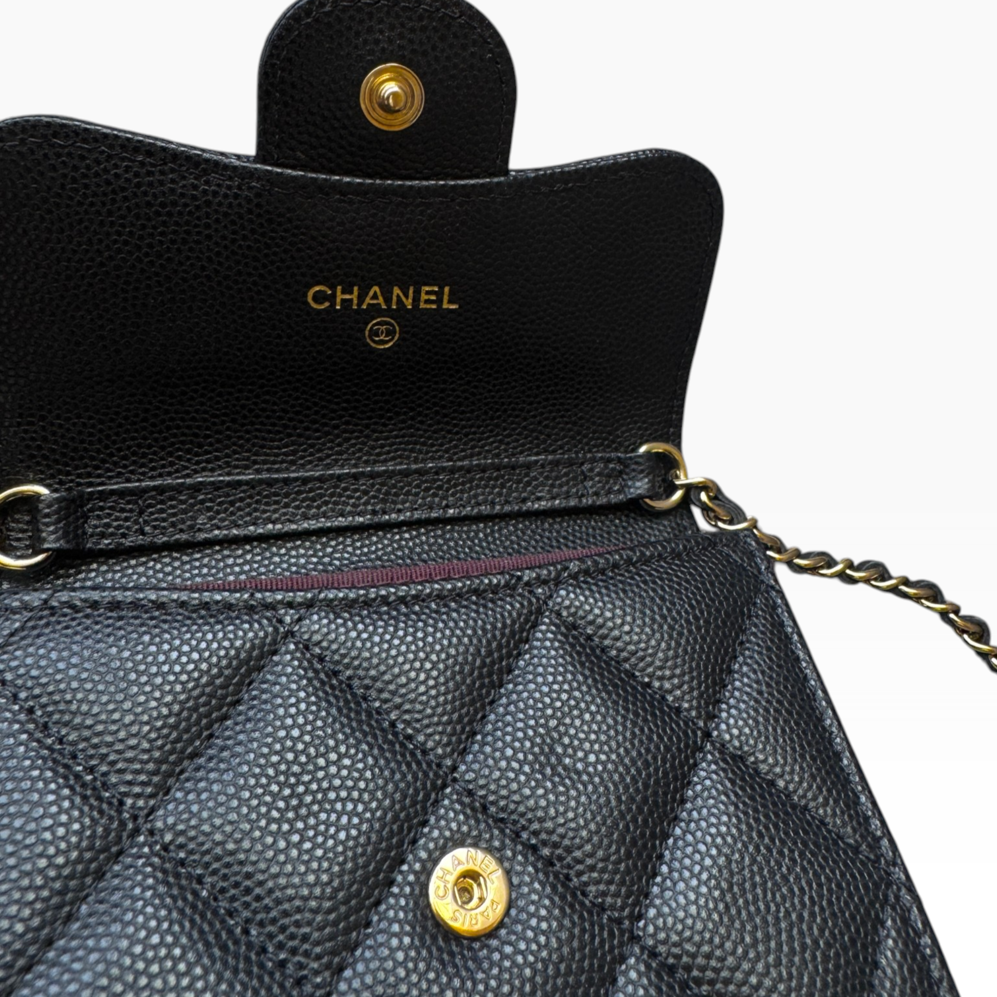 CHANEL - Card Holder with Chain | Black Caviar Leather Flap (GHW)