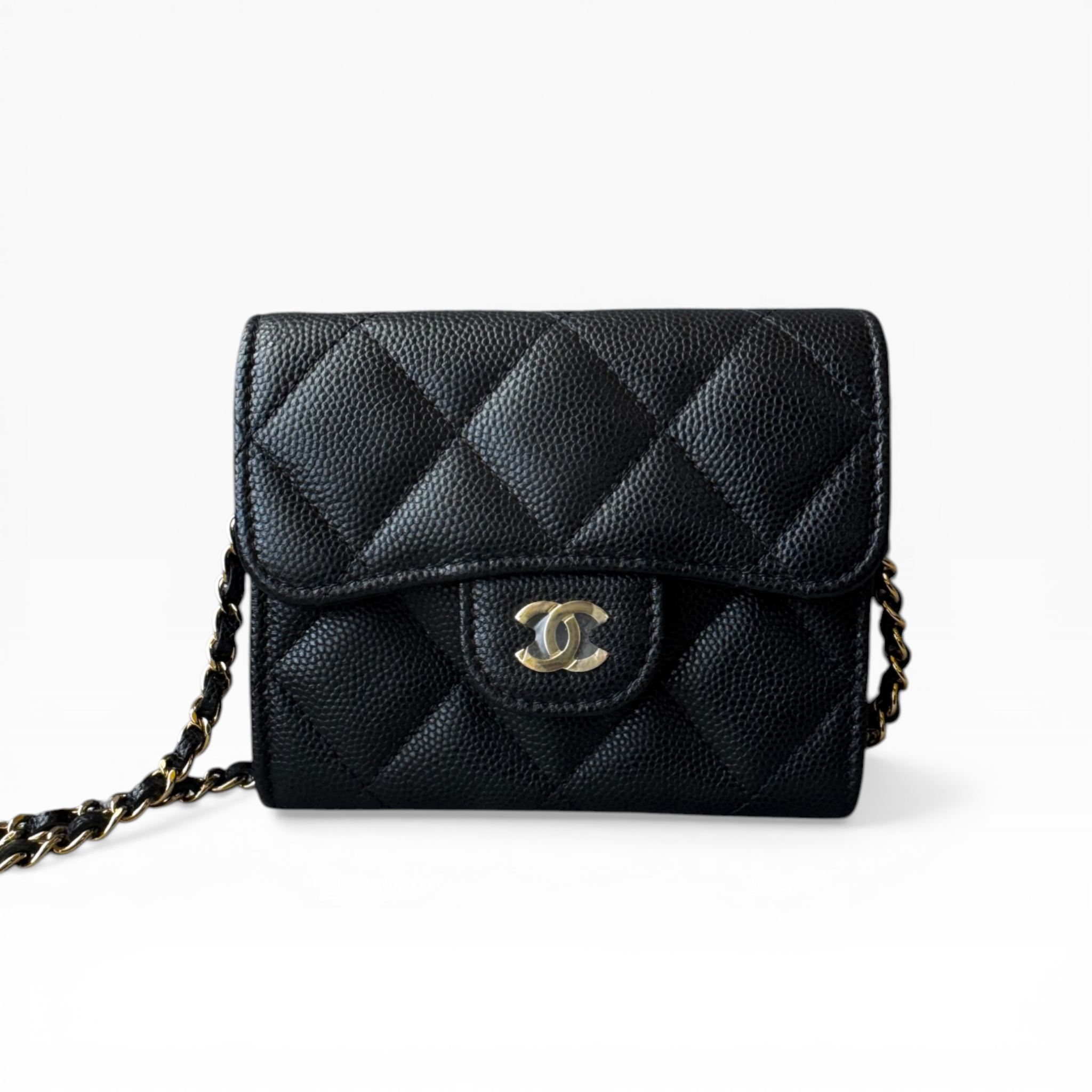 CHANEL - Card Holder with Chain | Black Caviar Leather Flap (GHW)