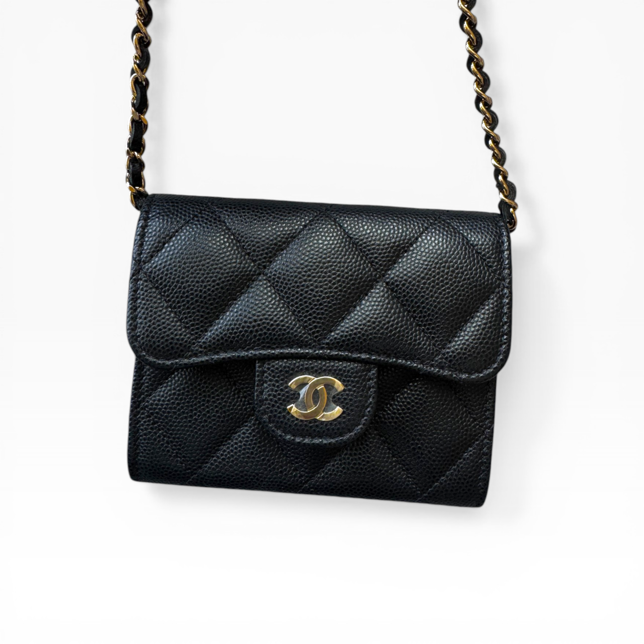 CHANEL - Card Holder with Chain | Black Caviar Leather Flap (GHW)