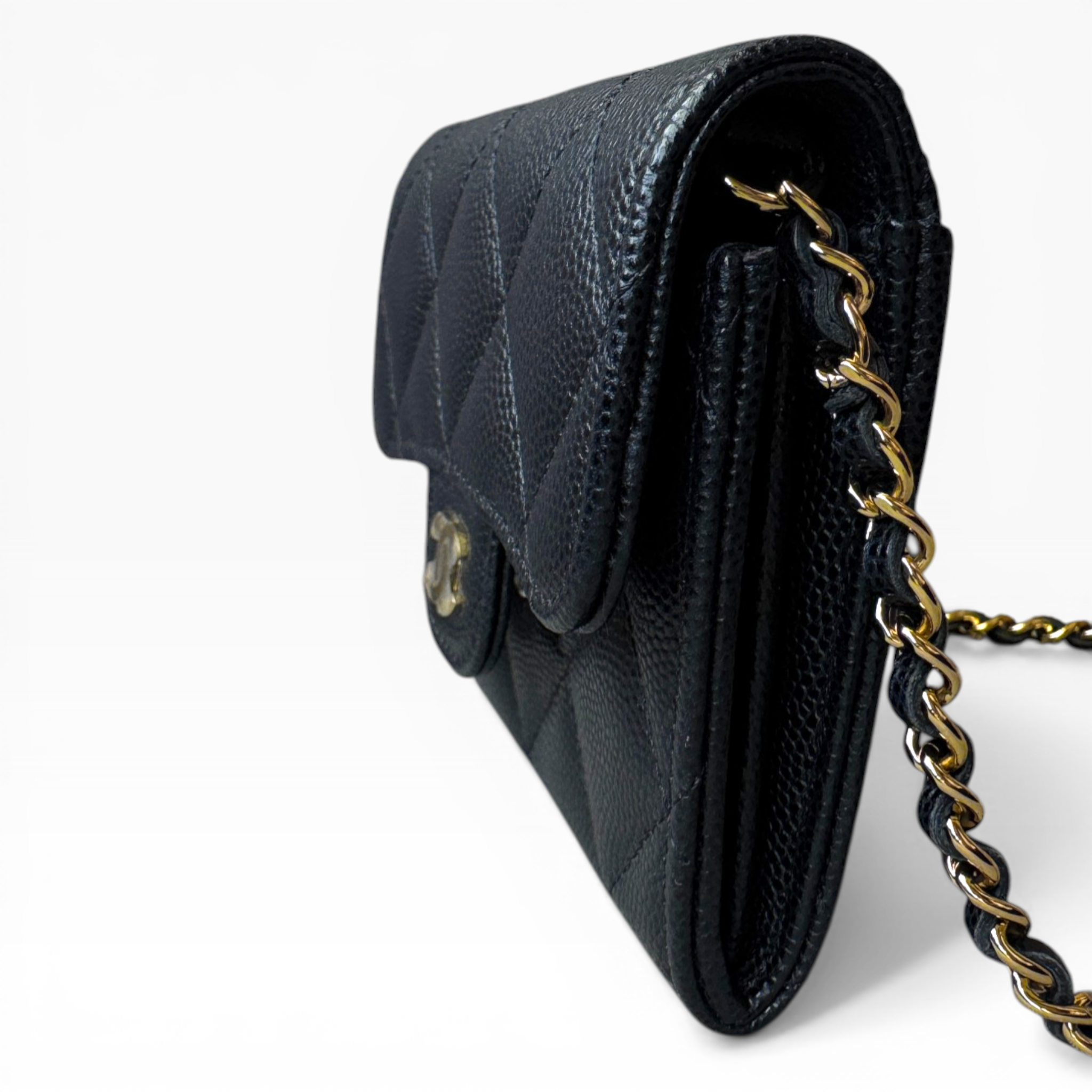 CHANEL - Card Holder with Chain | Black Caviar Leather Flap (GHW)