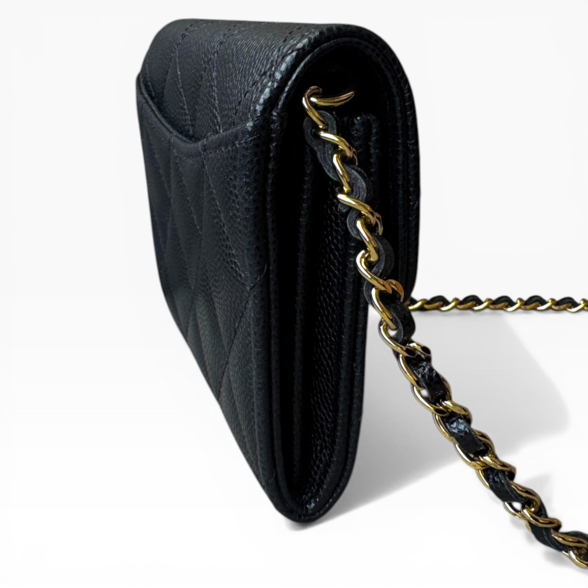 CHANEL - Card Holder with Chain | Black Caviar Leather Flap (GHW)