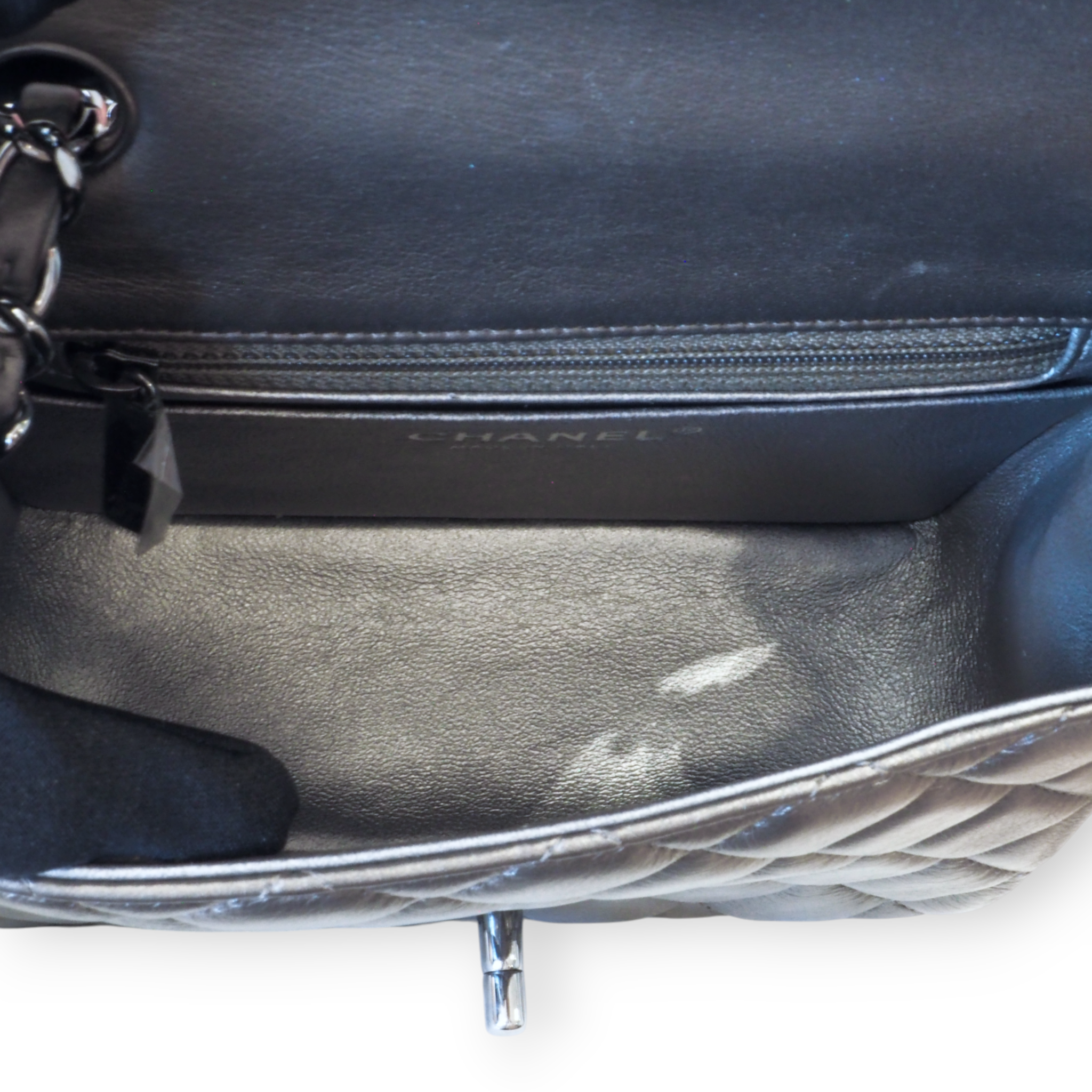 CHANEL - Metallic Gray Mini Square Classic Single Flap (SHW)