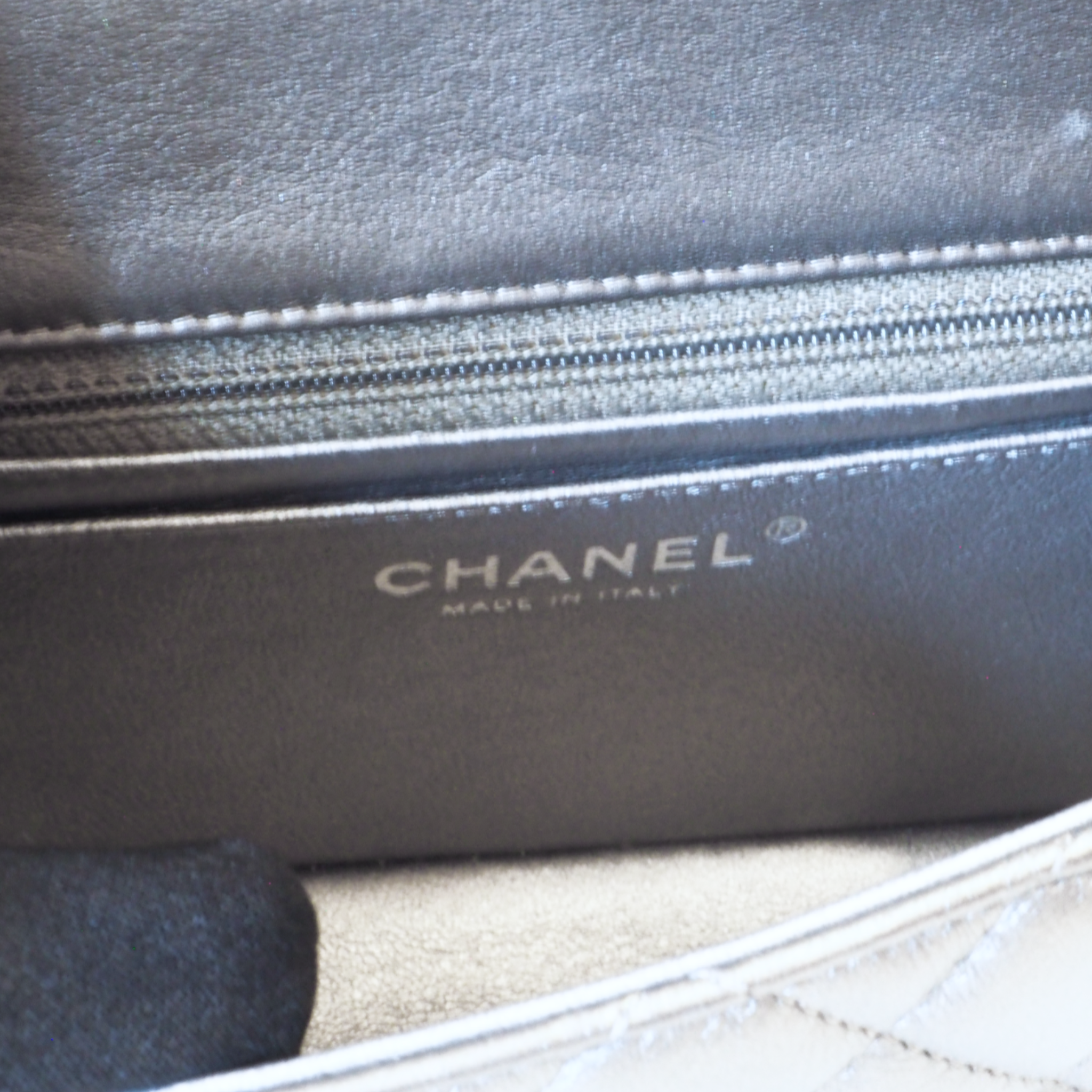 CHANEL - Metallic Gray Mini Square Classic Single Flap (SHW)