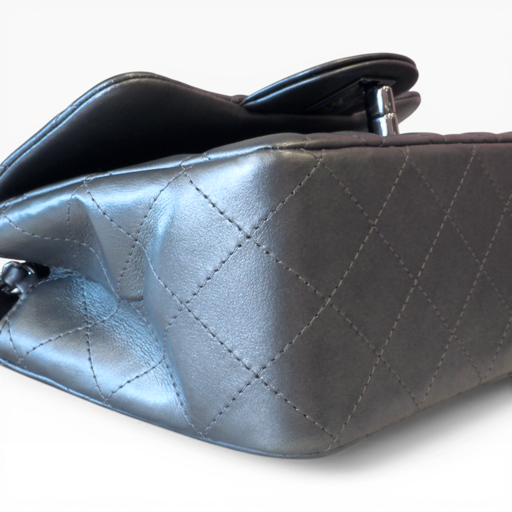 CHANEL - Metallic Gray Mini Square Classic Single Flap (SHW)