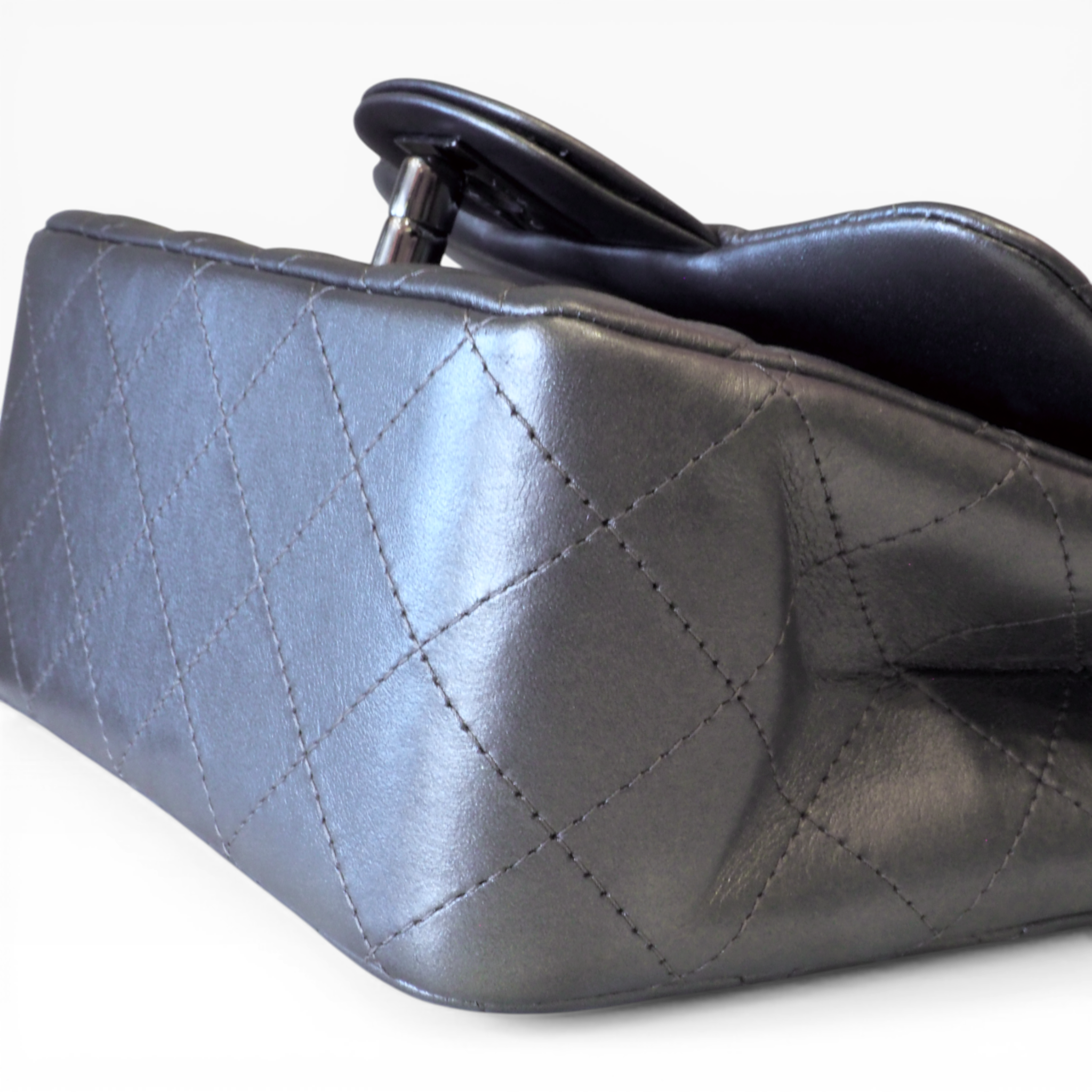 CHANEL - Metallic Gray Mini Square Classic Single Flap (SHW)