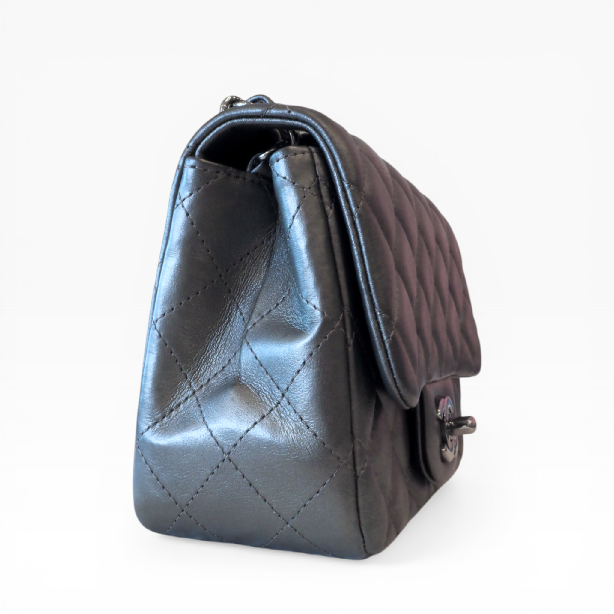 CHANEL - Metallic Gray Mini Square Classic Single Flap (SHW)