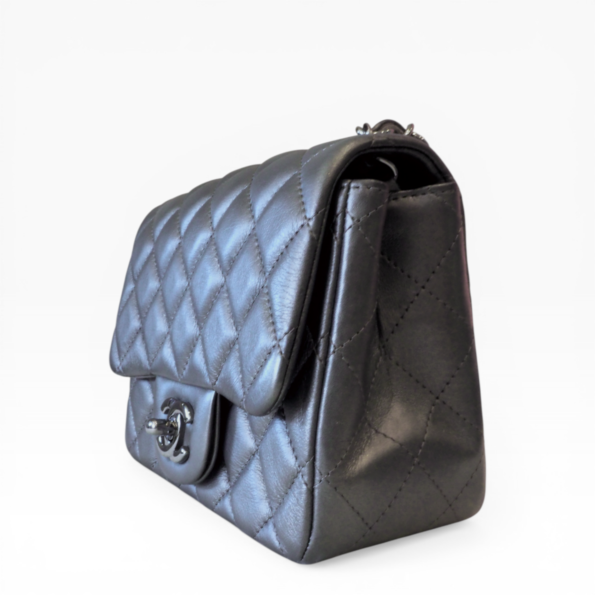 CHANEL - Metallic Gray Mini Square Classic Single Flap (SHW)