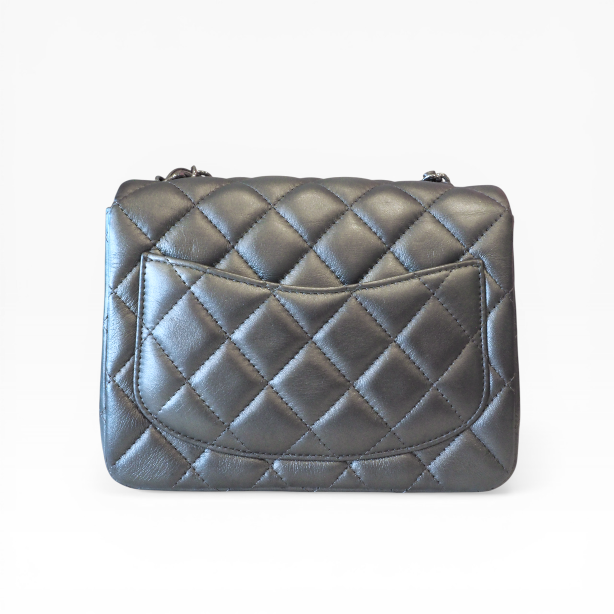 CHANEL - Metallic Gray Mini Square Classic Single Flap (SHW)