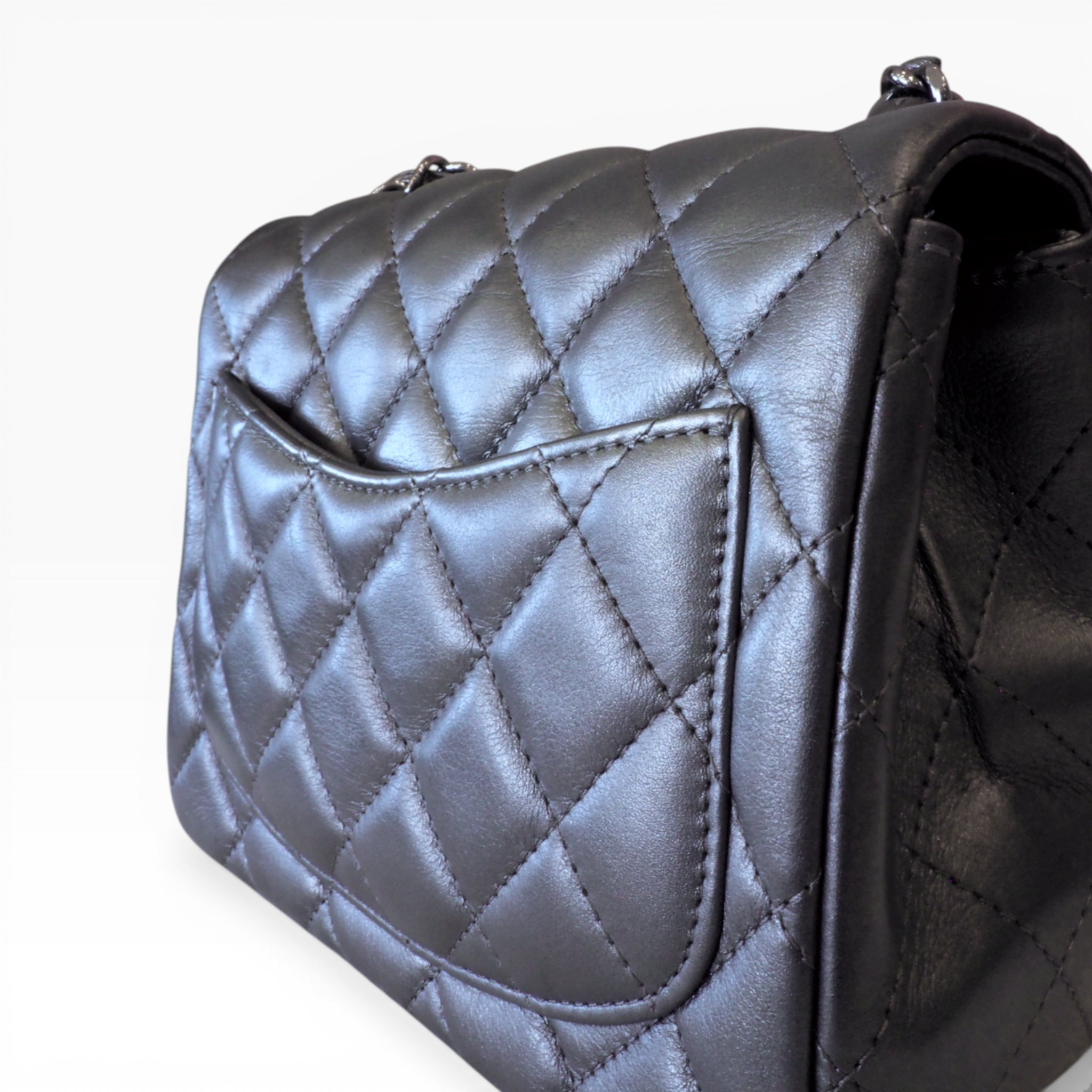 CHANEL - Metallic Gray Mini Square Classic Single Flap (SHW)