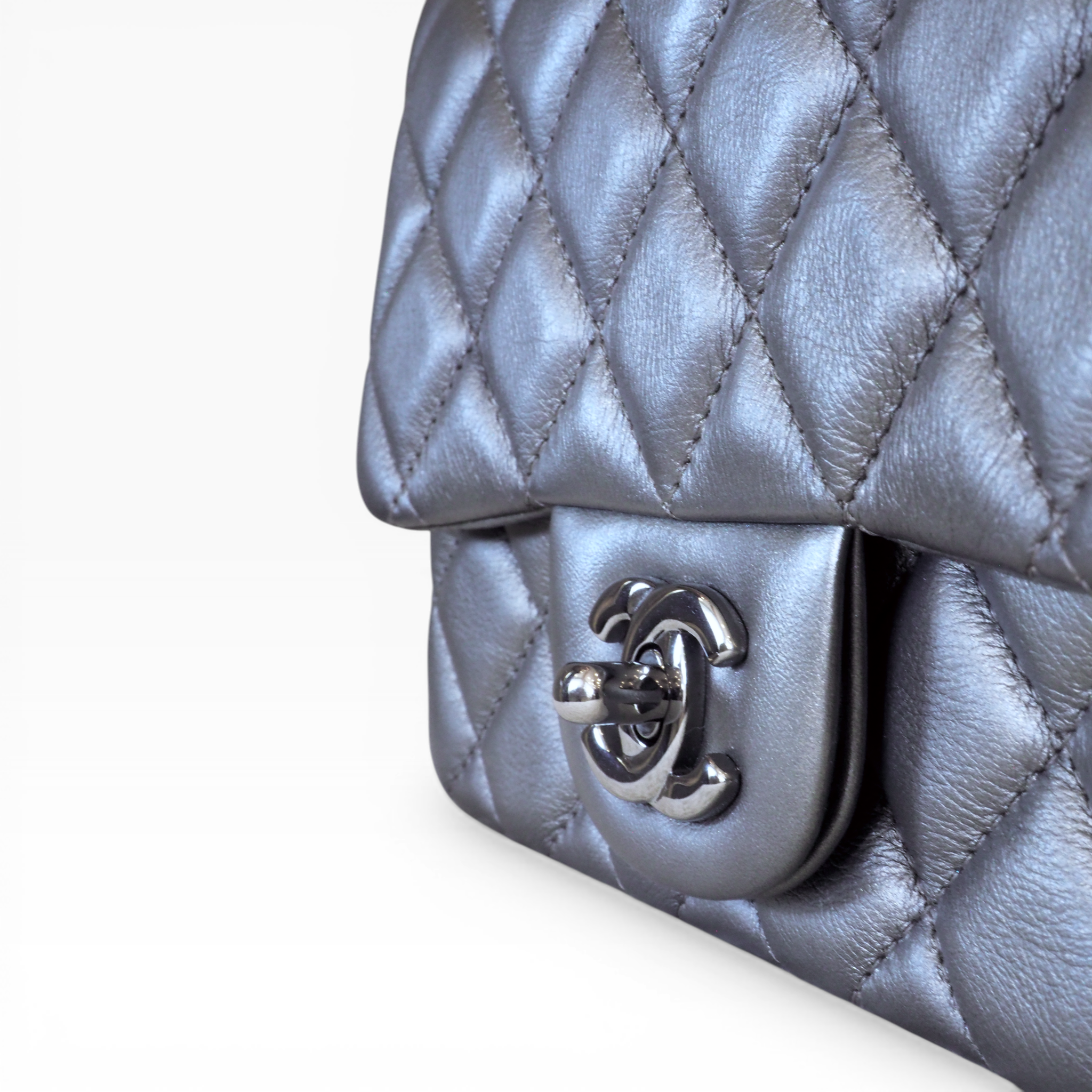 CHANEL - Metallic Gray Mini Square Classic Single Flap (SHW)